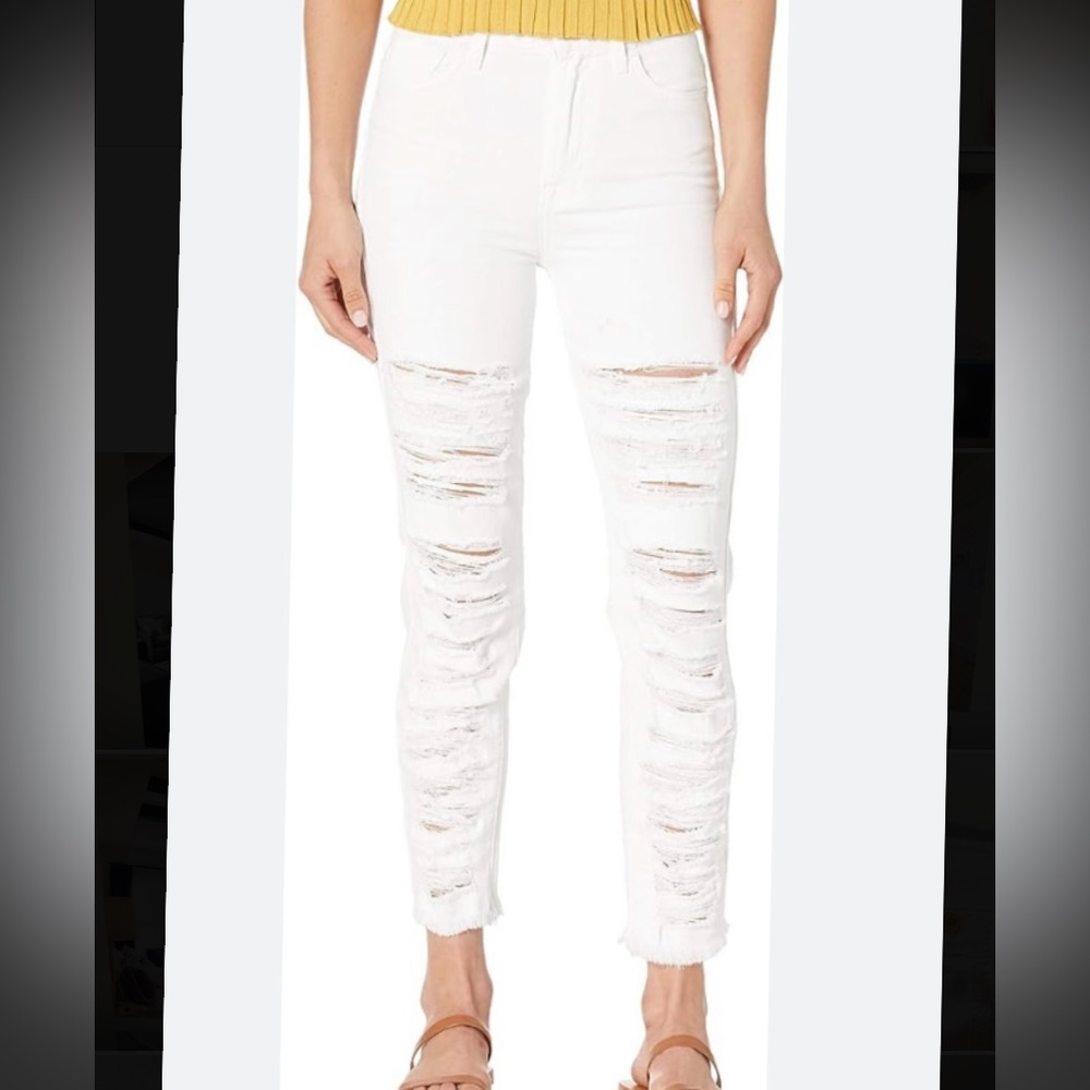 7 For All Mankind High Waist Cropped Straight Jeans Prince St. (White) Shredded